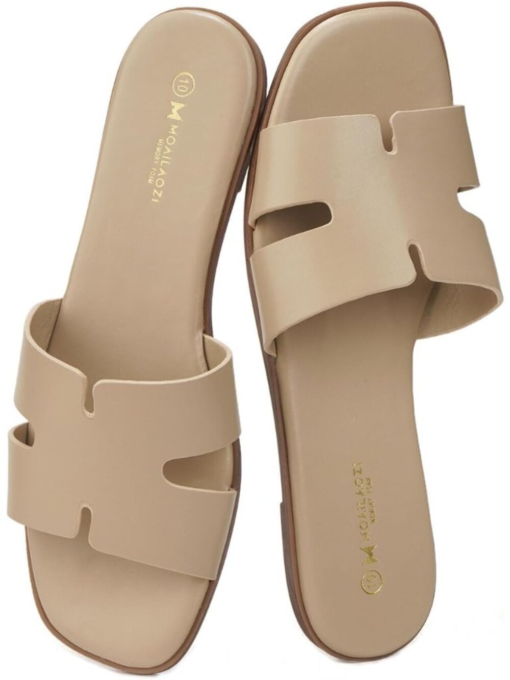 Women's Beige Faux Leather Stylish Comfortable Slip On Slide Classic Flat Sandal